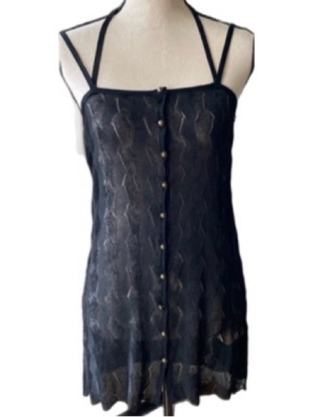 Free People black lace straps button front mesh slip mini dress